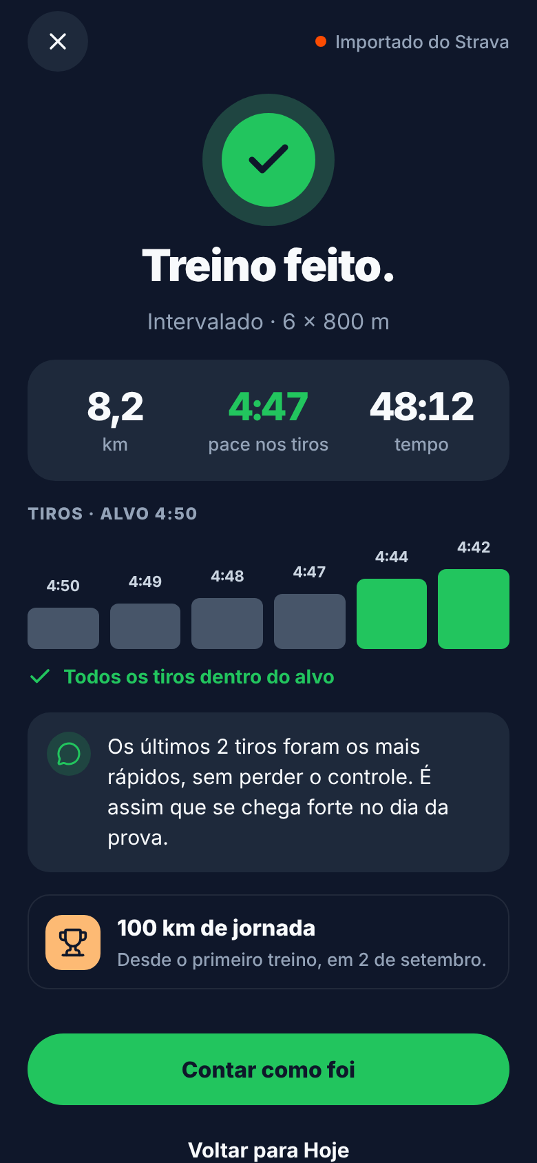 Tela de treino concluído com distância, pace, tiros comparados ao alvo e marco de 100 km